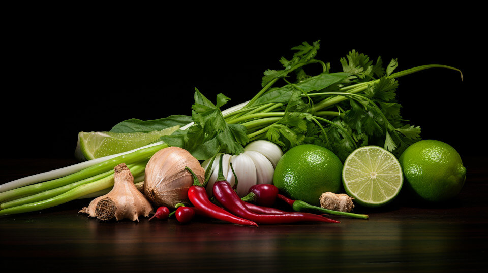 Ingredientes para Leche de tigre. Aipo, limão, Aji Limo, gengibre e alho sobre uma mesa.