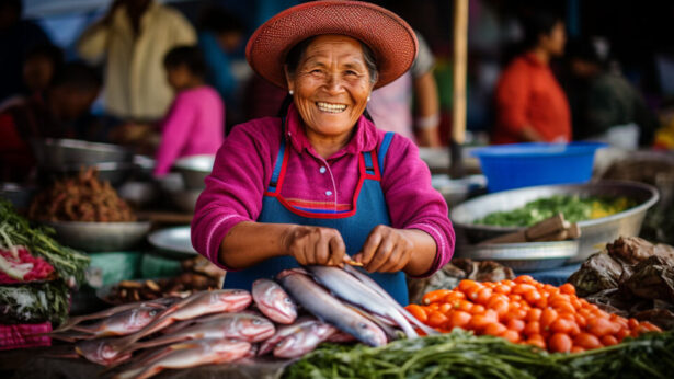 Food market in Peru with fish and vegetables.